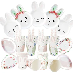 Happy Easter Disposable Tableware Cartoon Rabbit Bunny Shaped Plate Cup Birthday Party Baby Shower Decoration Kids Easter Favor