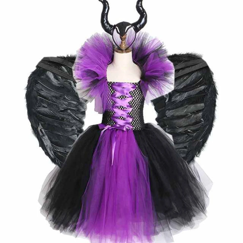 Girls Halloween Cosplay Costume Maleficent Queen Gown Dress Kids Black Devil Tutu Dress Wings Descendant Villain Vampire Costume