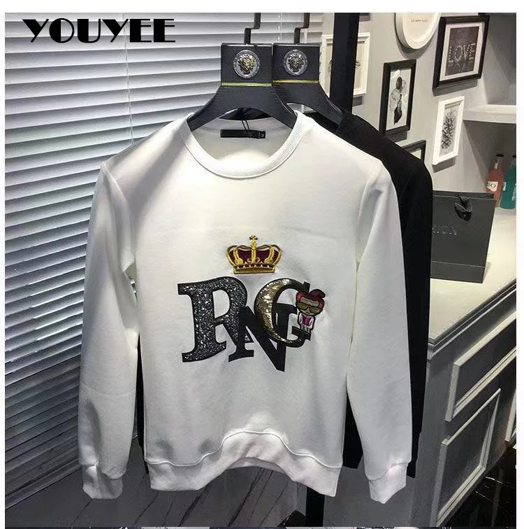 Hip Hop Casual Winter Male Sweatshirt Crown style Streetwear Young Men  Tops Black White Plus size Pullover Hoodies