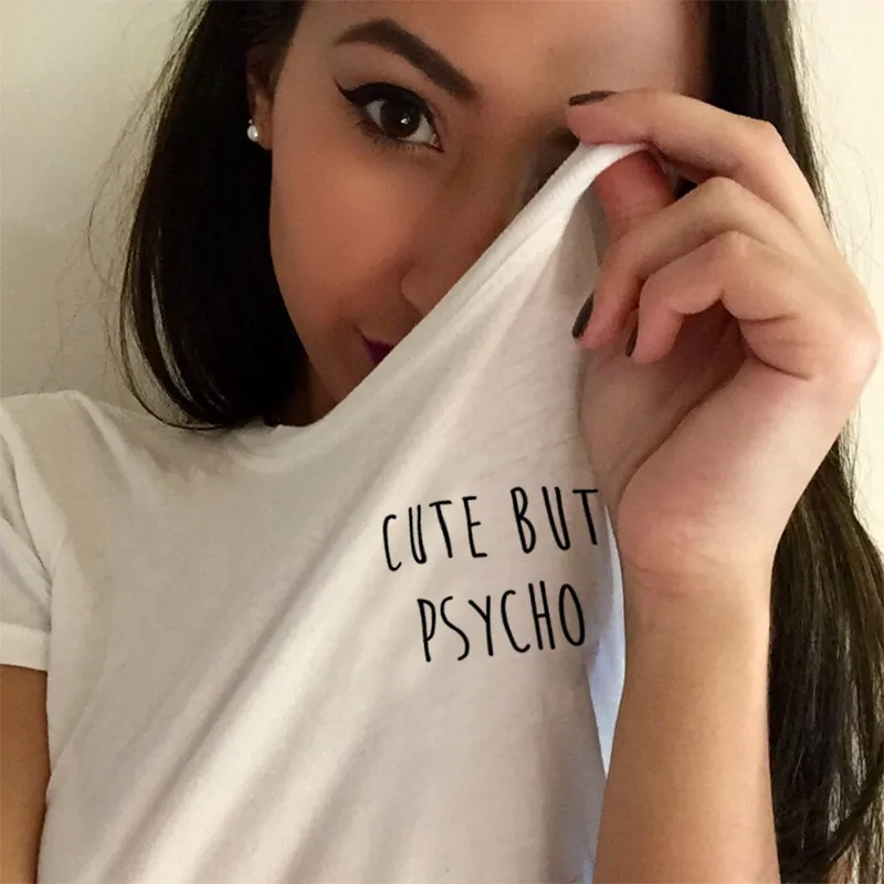 Casual Tees Instagram Shirt CUTE BUT PSYCHO  Teen Funny  Quote Pocket  Tumblr T-shirt Women Cute