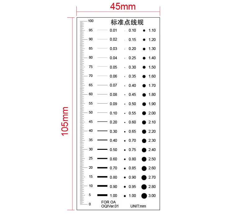 65x100mm Padrão Point Gauge Film Régua Linha Largura Diâmetro Área Comparação Cartão Micrômetro para Detecção de Defeito