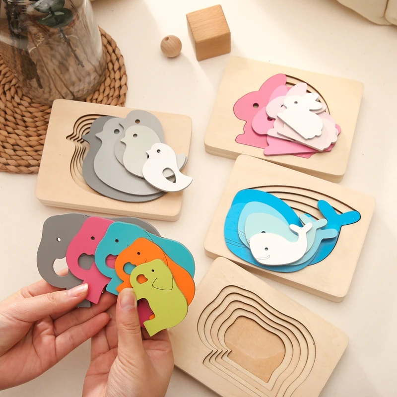 

1pc Kids 3d Wooden Multi-layer Puzzles For Children Cartoon Animal Elephant Children Jigsaw Board Early Educational Toy Gift