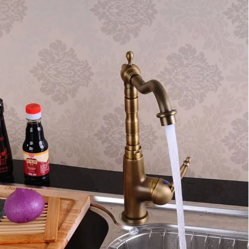 Single Handle single Hole kitchen Mixer Faucet Antique Brass Hot and Cold Water tap