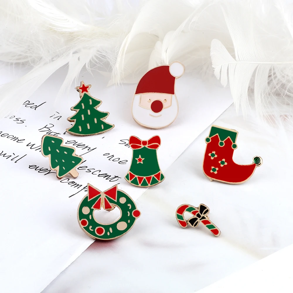 Merry Christmas Brooches Pins Santa Claus Candy Lapel Pin Trees Jingle Bells Socks Badge Hat Bag Jewelry New Year Gifts for Kids