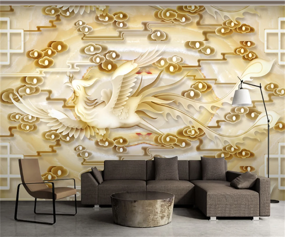 European and American light luxury phoenix auspicious cloud jade relief TV sofa background wall painting hotel wallpaper papier