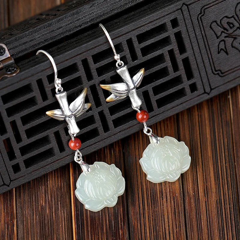 S925 sterling silver inlaid with natural Hetian temperament court national wind earrings free shipping