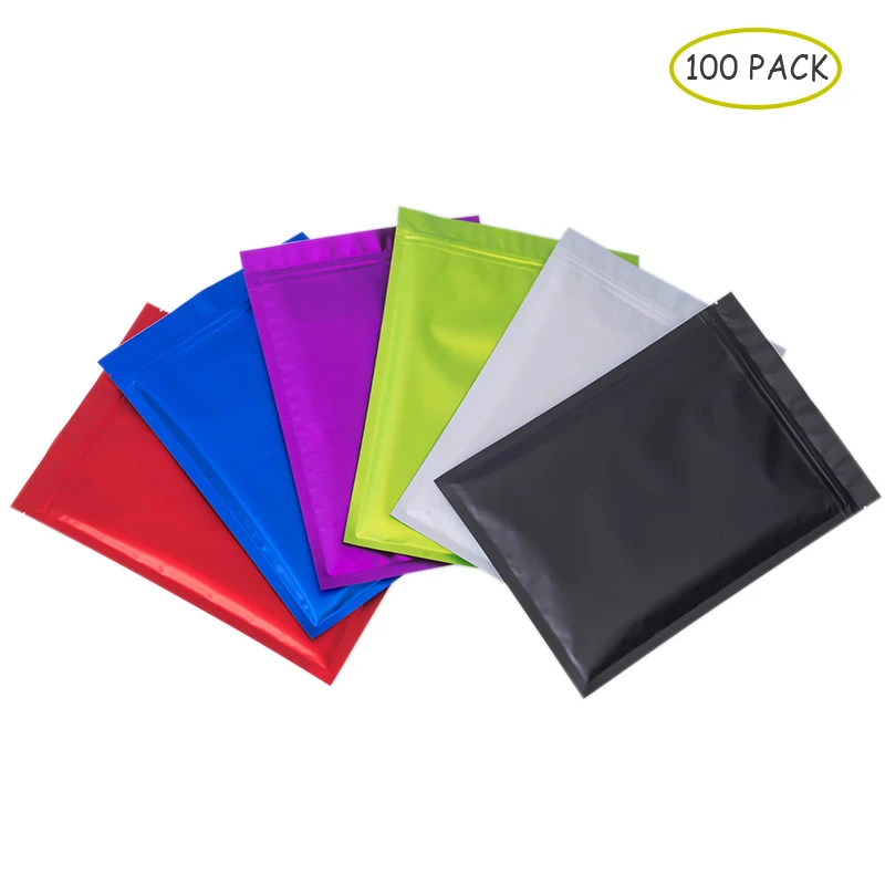 100 PCS Colorful Aluminum Foil Ziplock Flat Bottom Mylar Bags Top Feed Foil Zip lock Food Pouch Tea Pouches,Food Storge Bag