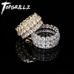 TOPGRILLZ 3 Row Solitaire Men's Ring Copper Charm Gold Silver Color AAA Cubic Zircon Iced RING Fashion Hip Hop Jewelry For Men