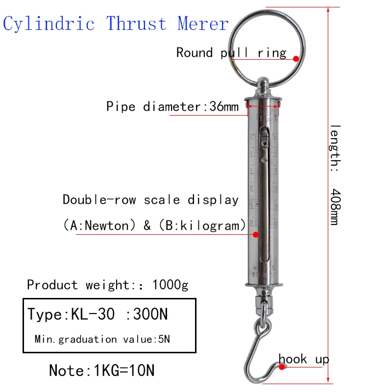 China Wuxi tubular tension gauge KL-30 KL-50 tubular dynamometer round spring thrust gauge 300N 500N