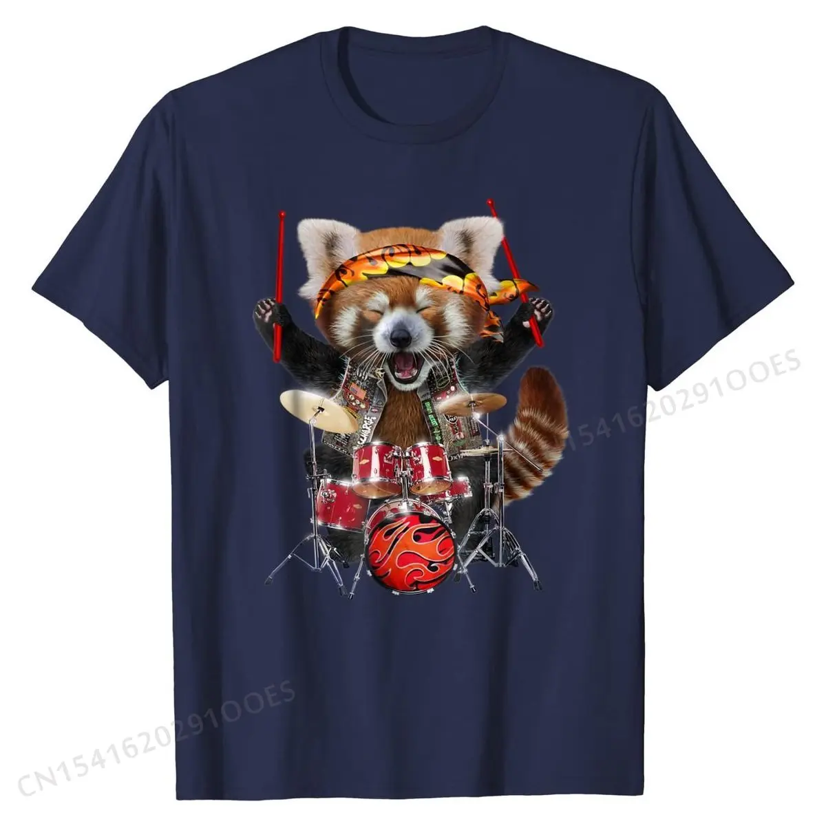 Punk Red Panda Play Drum in Heavy Metal Band - T-Shirt Europe Top T-shirts for Men Cotton Tops & Tees Personalized Classic