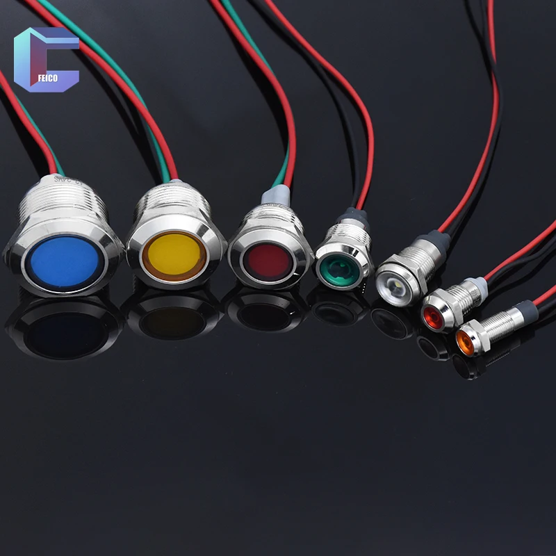 Indicador de Metal de cabeza plana, lámpara de señal de advertencia de latón niquelado con cable de 3V, 12-24V, 110-220V, 6, 8, 10, 12, 16, 19, 22mm