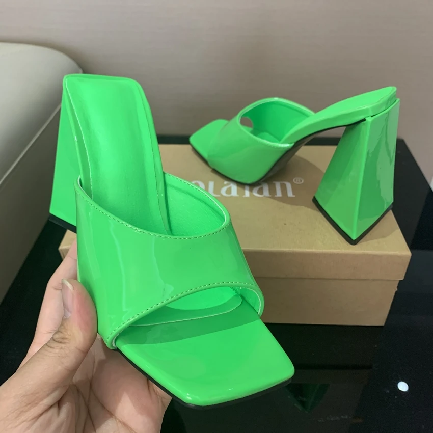 2022 Summer sandals women triangle thick mules high heels slippers sandals flip flops square toe slides party shoes woman