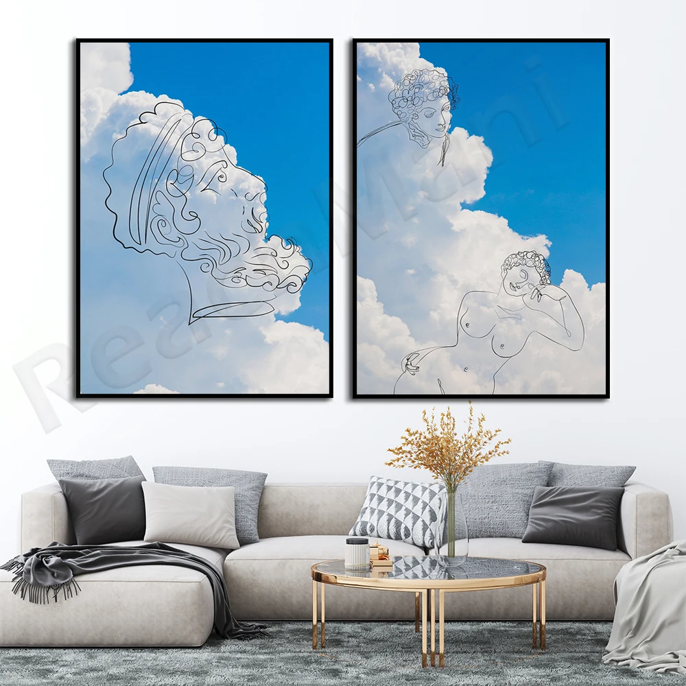 Eros on Cloud Photography Line Art, Eros Print, Sky Blue Line Portrait Cloud Wall Art Wall Decoration Poster, Line Art Print