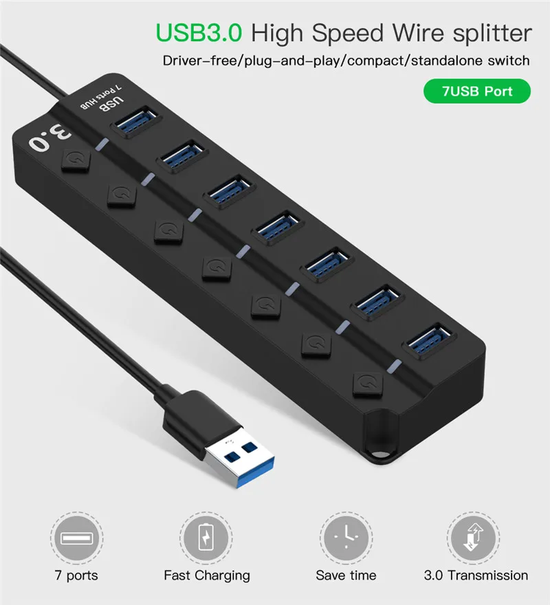 Usb 3.0 hub 4 / 7 portas super velocidade usb 3 hub de dados com interruptores de energia individual e ue/adaptador de energia eua/reino unido para macbook laptop pc