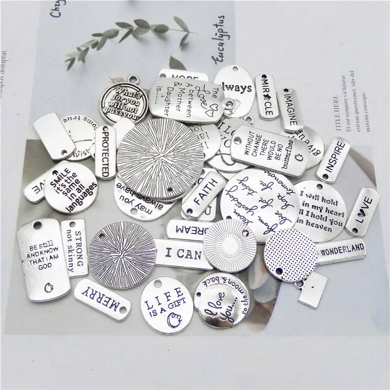 Julie Wang 20PCS Inspirational Words Charms Random Mixed Alloy Letter Tag Pendants Antique Silver Color Jewelry Making Accessory