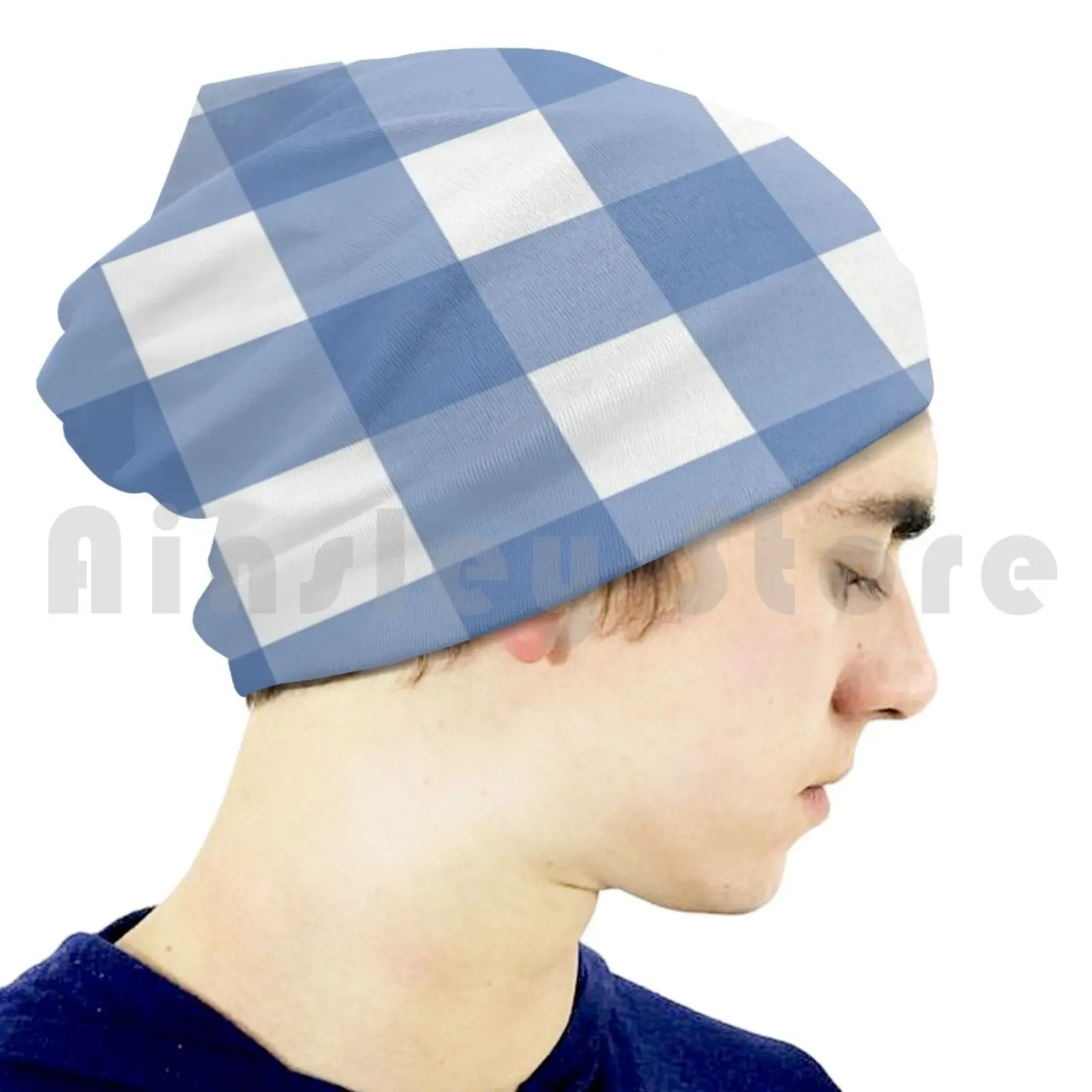 Chambray Blue Buffalo Plaid Beanies Knit Hat Hip Hop Chambray Blue Buffalo Blue Checkered Blue And White image 5