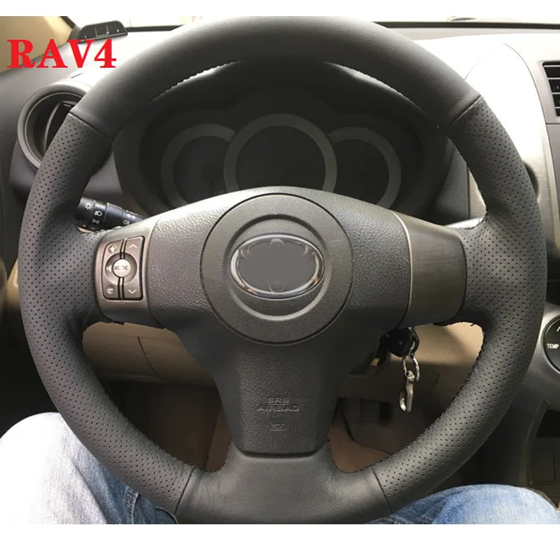 CARDAK Hand-stitched Black Artificial leather Steering Wheel Cover for Toyota Yaris Vios RAV4 2006 2007 2008 2009