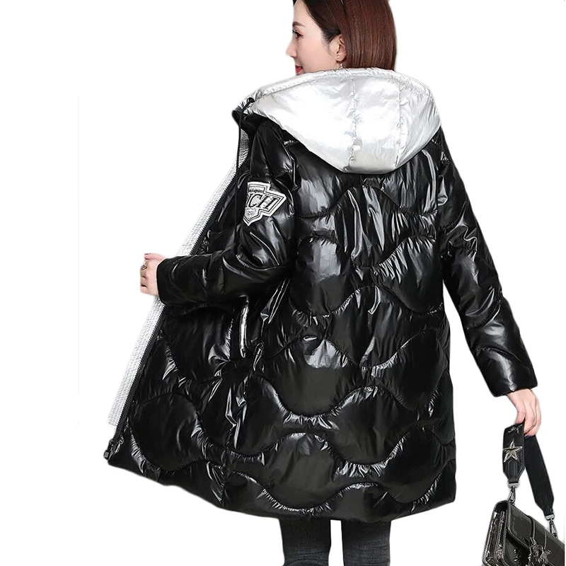 Parka à capuche en coton brillant pour femme, veste longue, pardessus décontracté, sans lavage, grande taille, optique chaude, hiver, nouveau, 2024