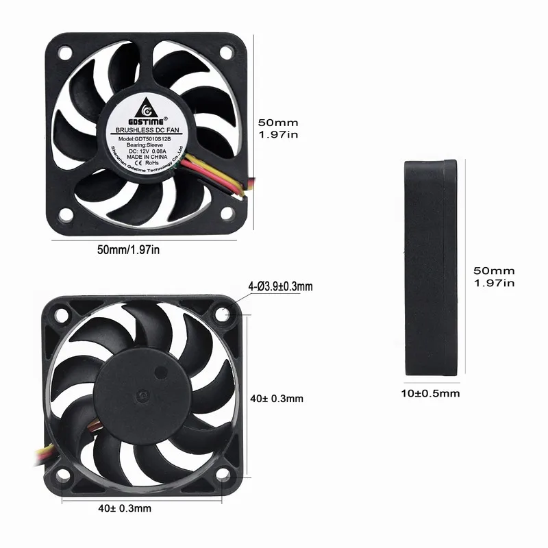 5pcs Gdstime DC 12V 3Pin 50mm x 10mm 50mm PC Computer CPU Mini Cooling Fan 50x50x10mm 5cm 5010 Small Cooler 9 Blades