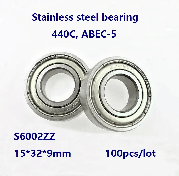 

100pcs/lot ABEC-5 S6002ZZ 15x32x9mm Stainless steel bearing Double metal shielded cover Deep Groove Ball bearing S6002 ZZ