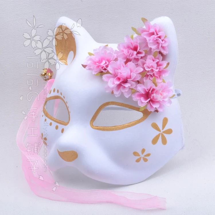 Ancient Style Han Chinese Clothing Fox Cat Mask Hand-Painted Half Face Cherry Golden Pink Silk Flower Bell Cosplay