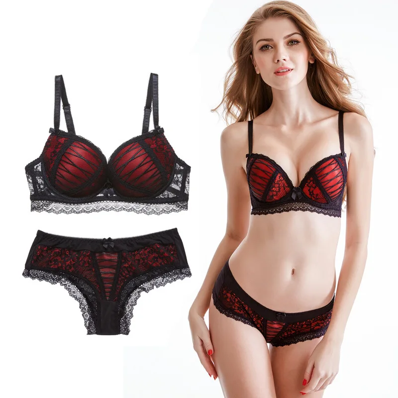 America and Europe Style Sexy Lace Bra Set Push Up Lingerie Femme Bow Fox Gathered Wide Straps