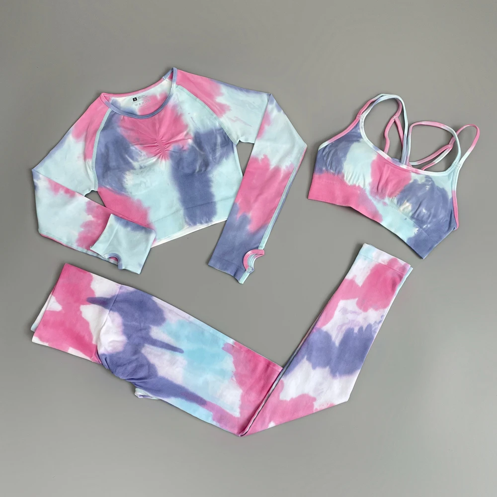 Tie Dyeing Women\'s Sportswear Yoga Set Workout Clothes Wear  Sports Gym Clothing Fitness Legging Bra Crop Long Sleeve Gym Set