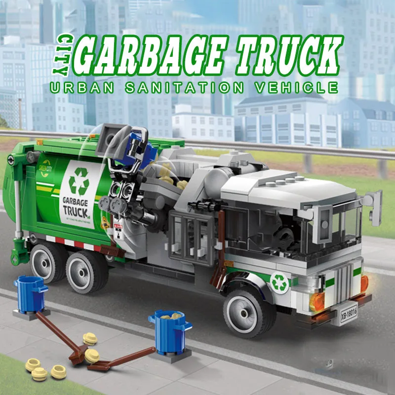 City Town Sanitation Garbage Truck Vehicle Car Building Blocks Kits Bricks Classic Model Kids Assemble Toys For Children Gift