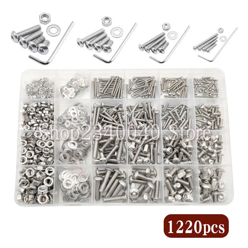 1220pcs/set 304 Stainless Steel Hexagon Button Head Cap Bolts Screws Nuts Washers Assortment Kit with Hex Wrenches M2 M3 M4 M5