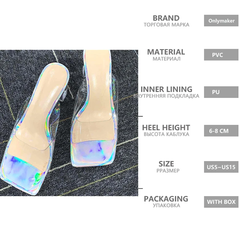 Onlymaker Square Toe Holographic Transparent Chunky Heels Mules PVC Plus Size Slip on Summer Mules Slip Sandals