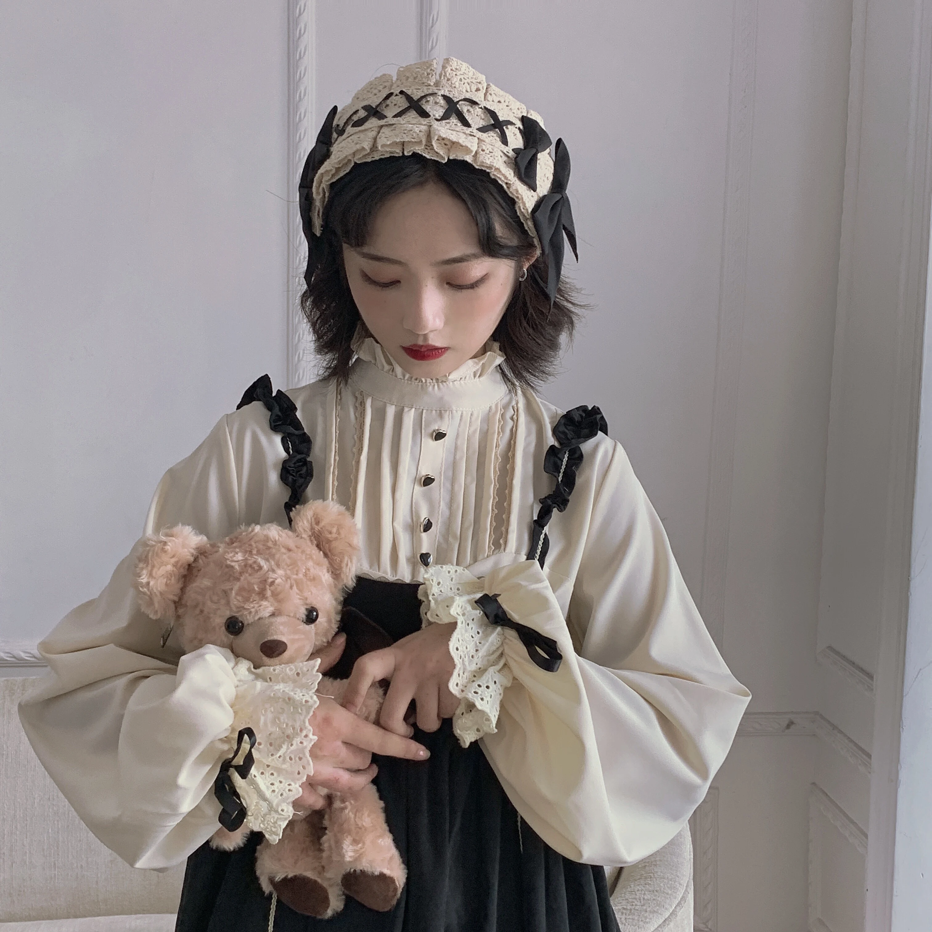 Robe Lolita rétro à manches longues pour femmes, chemise, haut, bretelles, corps complet, ensemble deux pièces, gothique, vêtements kawaii loli