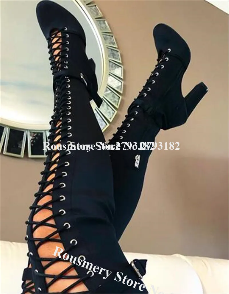 

Western Fashion Round Toe Suede Leather Over Knee Chunky Heel Gladiator Boots Black Lace-up Thick High Heel Boots Dress Shoes