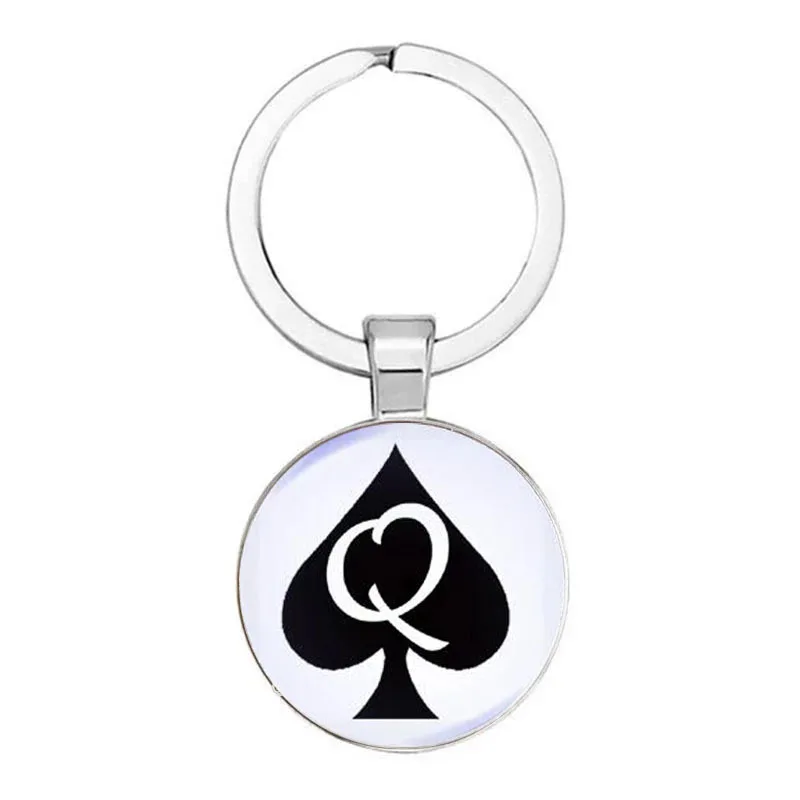 New Peach Heart Letter Q Queen Keychain Personality Poker Spades Q Club Glass Cabochon Key Ring Car Key Chain Men Hewelry