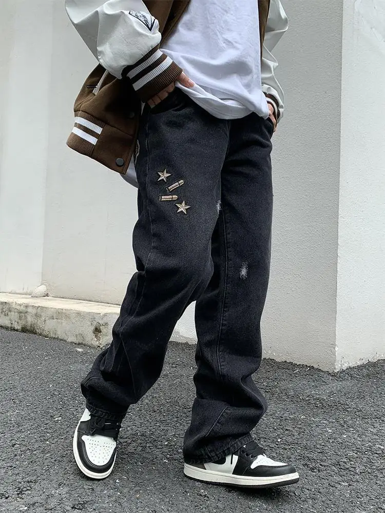 ICCLEK American Street Casual Pants Hip-hop Embroidery Pistol Jeans Men's Loose Straight High Waist Casual Trousers