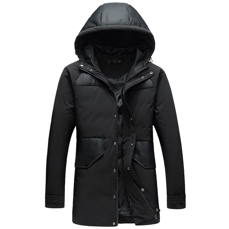 

Pop Men's Down Jacket Winter Workwear Hooded White Duck Down Jacket Casual Warm Mid Long Patchwork Parkas Men Jacket Down Coats