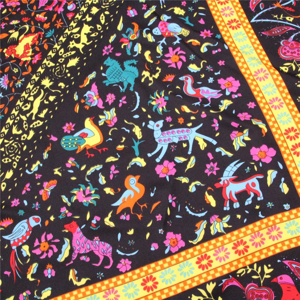 POBING Twill Silk Scarf Women Shawls Forest Animals Print Stoles Bandana Kerchief Hijab Square Scarves Wraps Silk Foulards 130CM