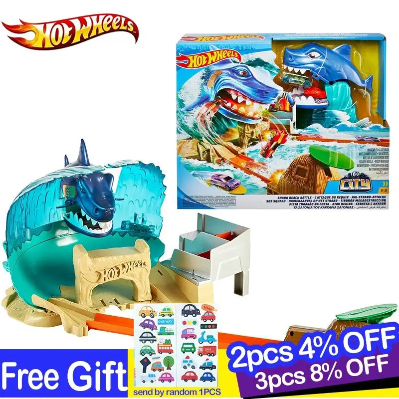 Hot Wheels originali Shark City Beach gioca Battle Track Set accessori per auto Hotwheels Metal Rail Car giocattoli per bambini Oyuncak Araba regali