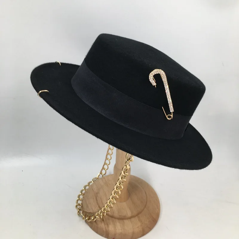 USPOP Brand Hats Winter Women Black  Wool Fedoras Fashion Pin-decorated Wool Hat with Metal Chain