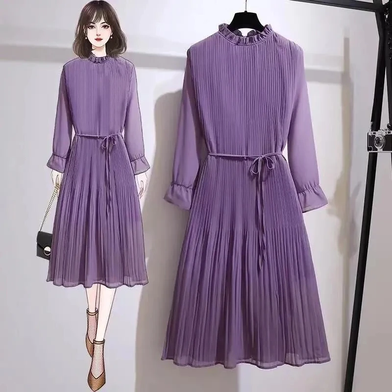 Ruffled Collar Pleated Elegant Lace Up Pullover Women's Dress Korean Fashion A-Line Knee-Length Dresses For Women 2024 Spring