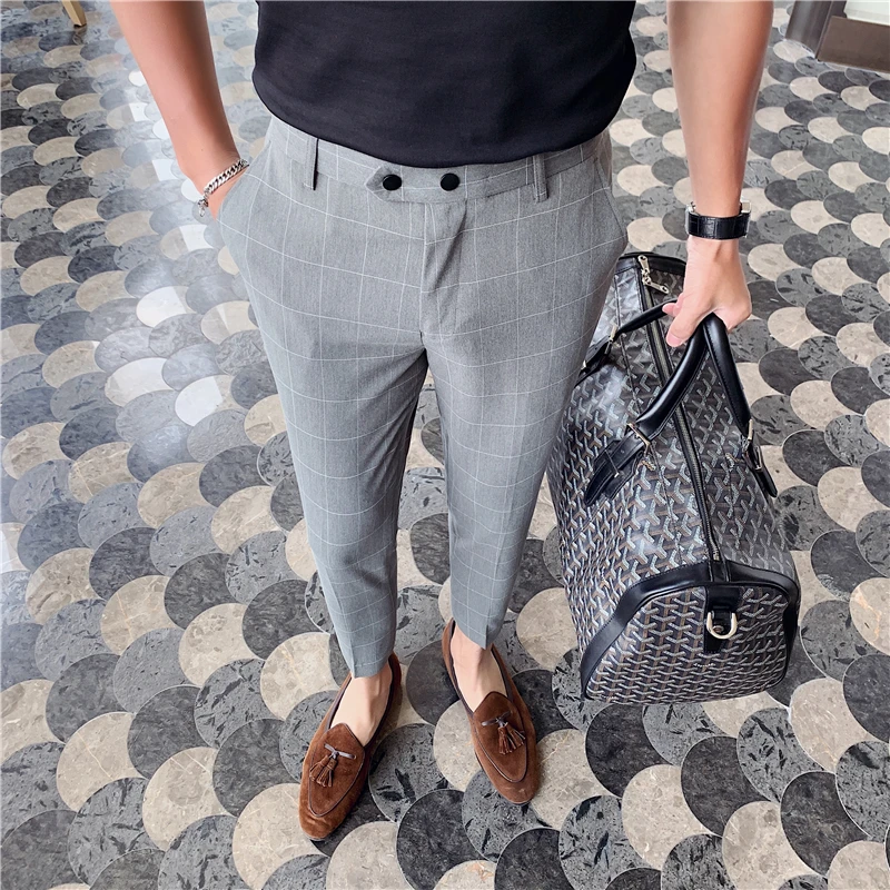 Ankle-length British Style Mens Dress Pants Pantalon Costume Spring Summer Plaid Casual Dress Ankle Pants Men's Social Trousers