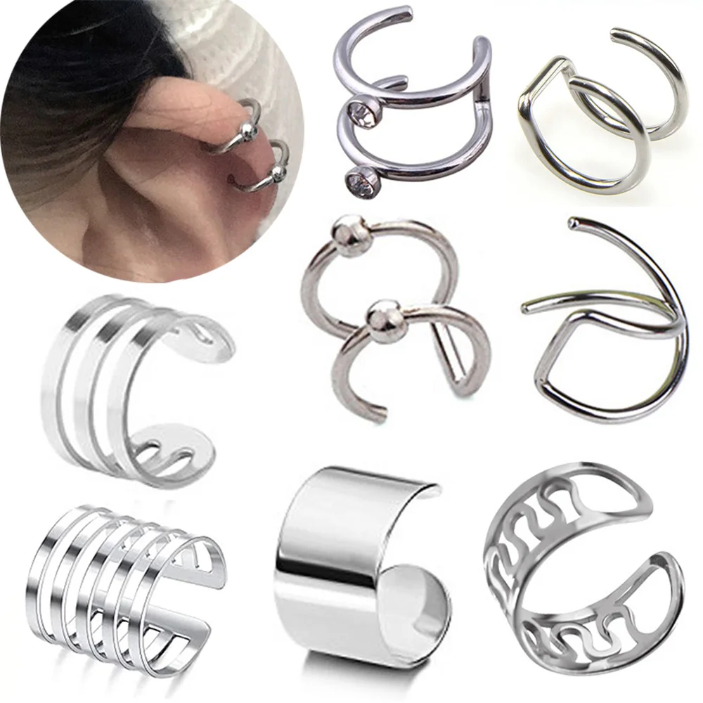 2pcs Fashion Stainless Steel Punk Rock Ear Clip Cuff Wrap Earrings No piercing-Clip On Cartilage Wrap Fake Earring