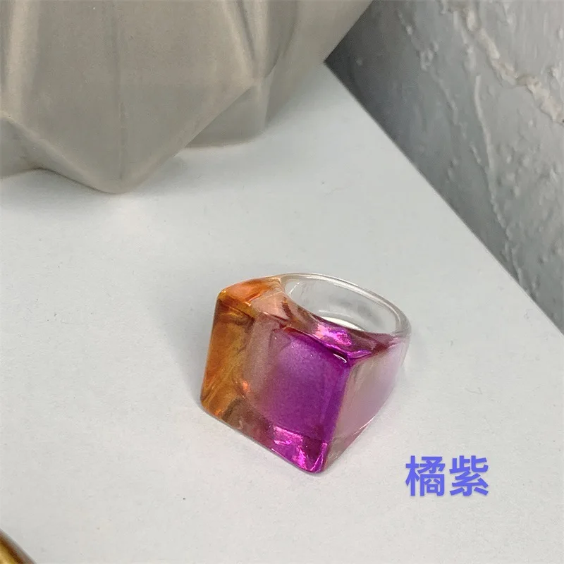 2022 New Korea Harajuku Shiny Square Colorful Transparent Geometric Resin Acrylic Rings For Women Girls Summer Hot Sale Jewelry