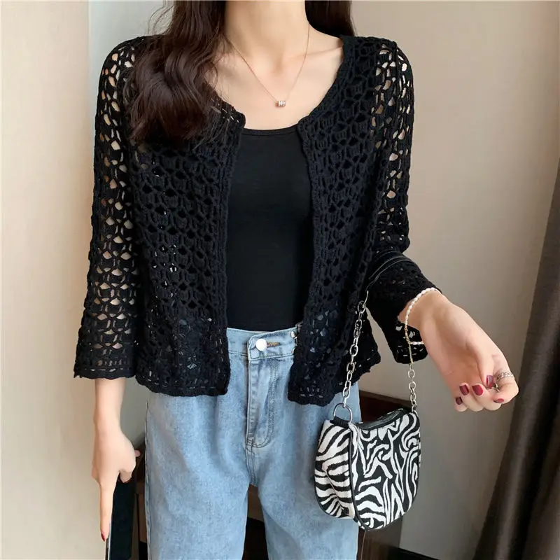 Basic Jackets Women Summer Knitting Loose Ins Hollow-Out Solid Casual All-match Soft Cozy Popular Korean Outwear Harajuku Mujer