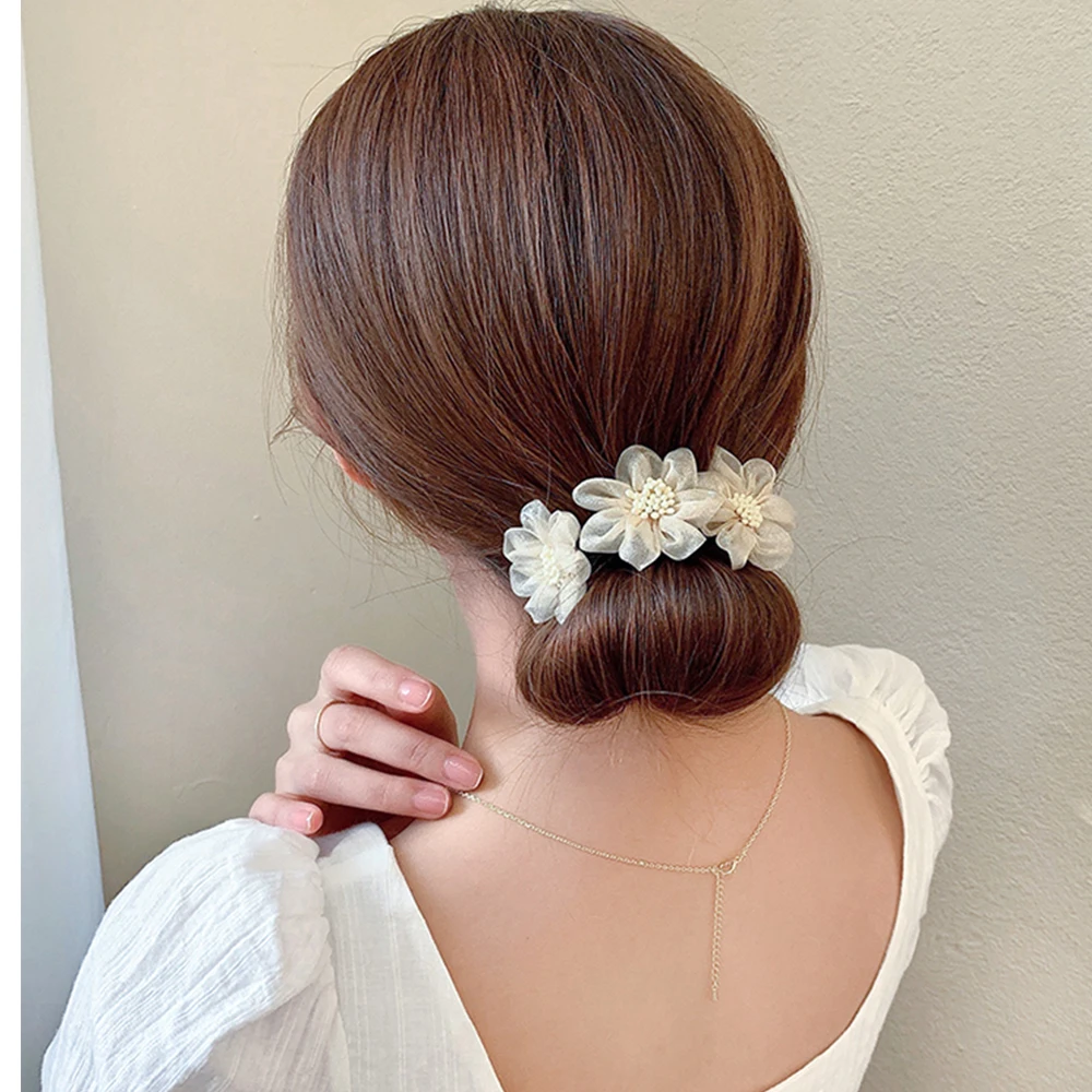 New Women Elegant Bud Chiffon Flowers Bun Maruko Hairstyles Making Long Tools Sweet Headband Hairbands Fashion Hair Accessories