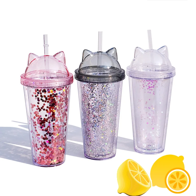 

420ML Stylish Flash Cat Ear Bear Water Drinking Bottles Cups Plastic Bottles For Drinks With Straw Lid For Coffee Juice Tea