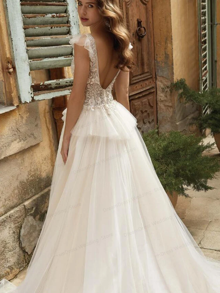 Boho Wedding Dress Boho Princess Bridal Gown Robe De Mariee Custom Made Civil A-line V-neck Lace Appliques Backless with Tulle