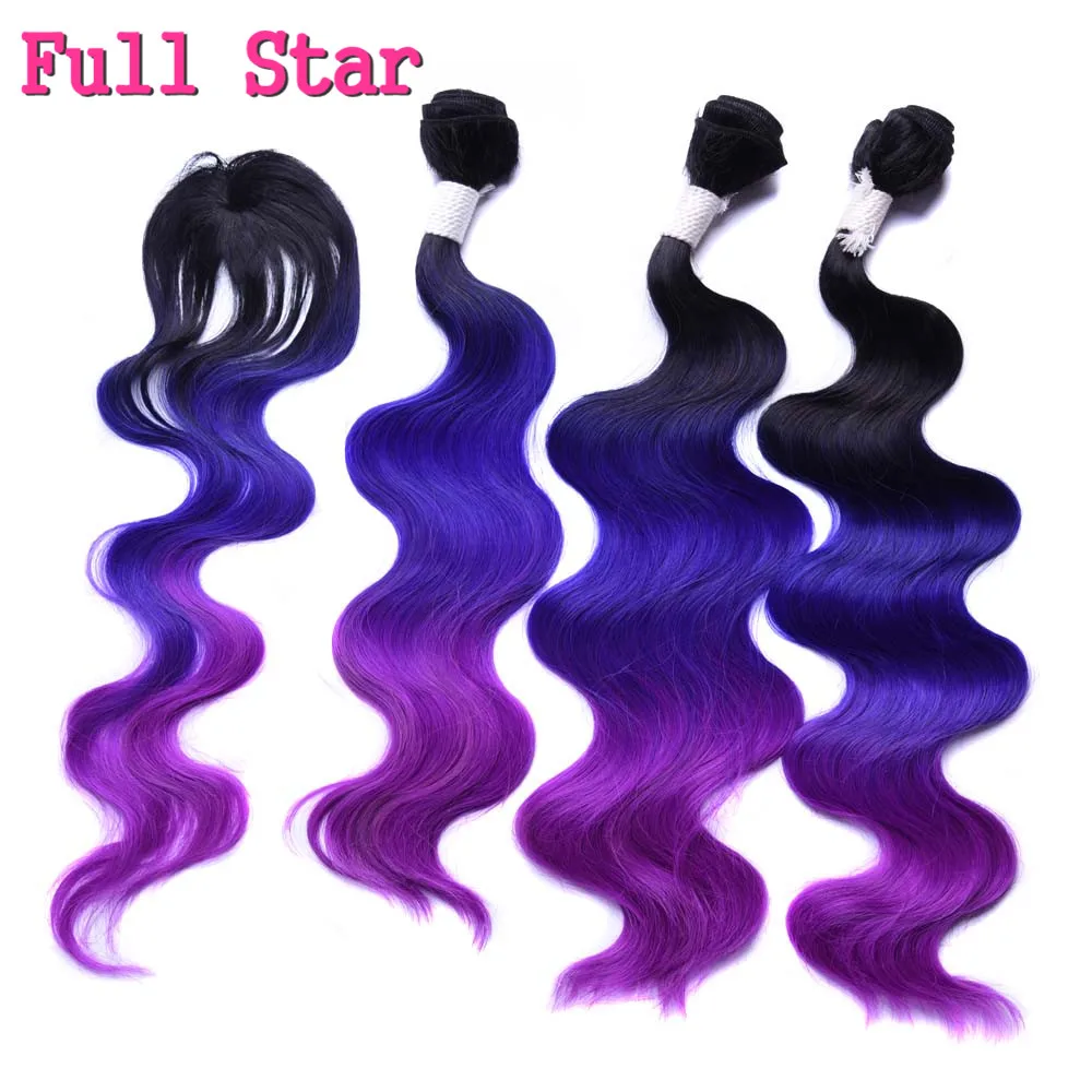 Estrela completa 4 pçs/lote onda do corpo ombre azul roxo 613 cor cabelo sintético tece 18 "20" 22 "máquina dupla trama cabelo com fechamento