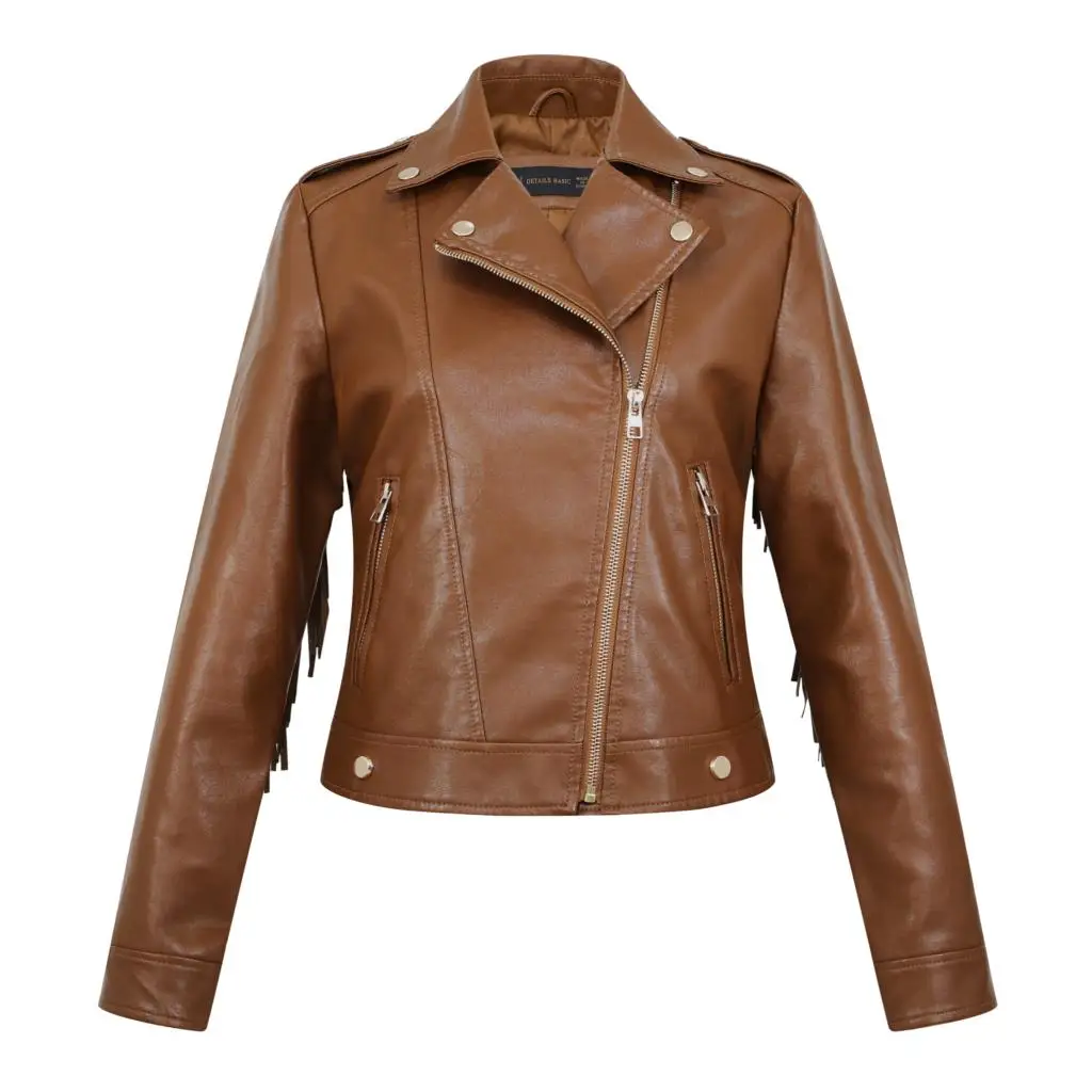 Veste en cuir PU manches longues pour femmes, nouveau manteau Long avec glands bruns au dos, coupe Slim, Style petit ami