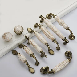 Nordic Luxury Marble Lines Ceramic Cabinet Handles Zinc Alloy Drawer knobs Wardrobe Door Handles Antique Bronze Furniture Handle