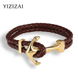 YIZIZAI New Arrival Hope Anchor Leather Bracelet Men Stainless Steel Charm Bracelets Wristband Fashion Jewelry Navy Style